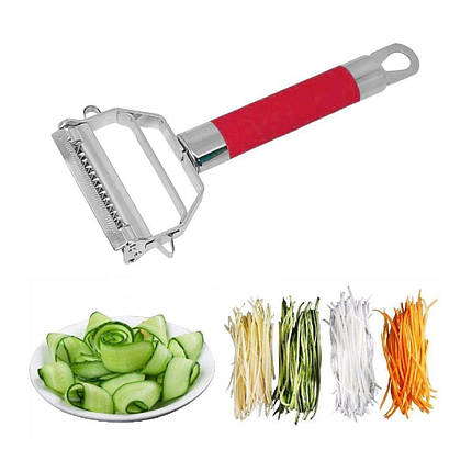 Овочечистка ніж-економка посилена Peeler Professional 3в1 на два леза із силіконовою ручкою червона 19 см, фото 1