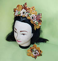 Обруч віночок на голову та браслет з осіннім листям та квітами осінній віночок обруч корона осень Золота Осінь