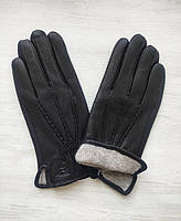 Кожаные мужские перчатки из оленьей кожи, подкладка шерстяная вязка, black хорошее качество