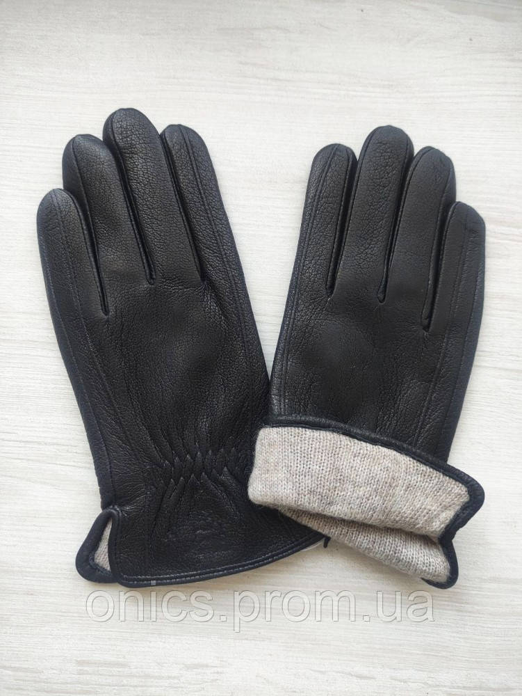 Кожаные мужские перчатки из оленьей кожи, подкладка вязка, черные хорошее качество - фото 2 - id-p1970211743