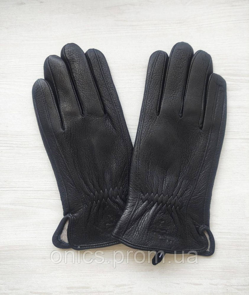 Кожаные мужские перчатки из оленьей кожи, подкладка вязка, черные хорошее качество - фото 3 - id-p1970211743