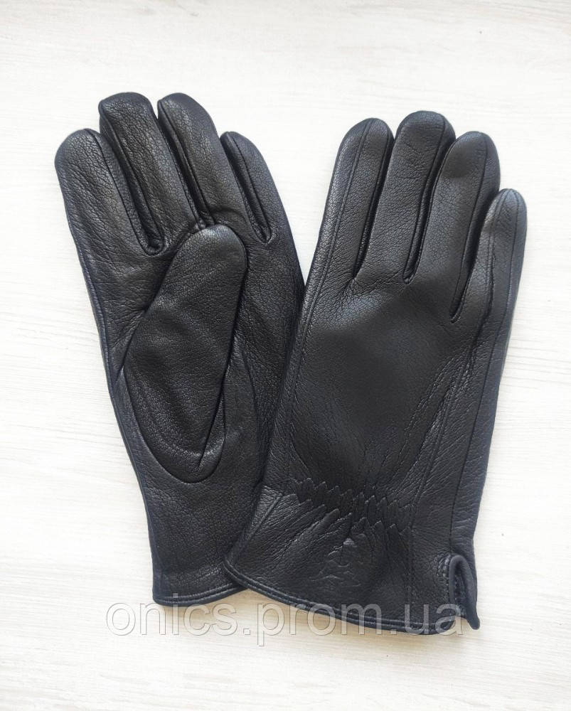 Кожаные мужские перчатки из оленьей кожи, подкладка вязка, черные хорошее качество - фото 4 - id-p1970211743
