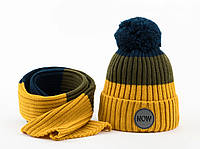 Зимняя шапка Elf-Kids ОГ 50-52 см с шарфом детская вязаная для мальчика с помпоном РОДРИГО горчица