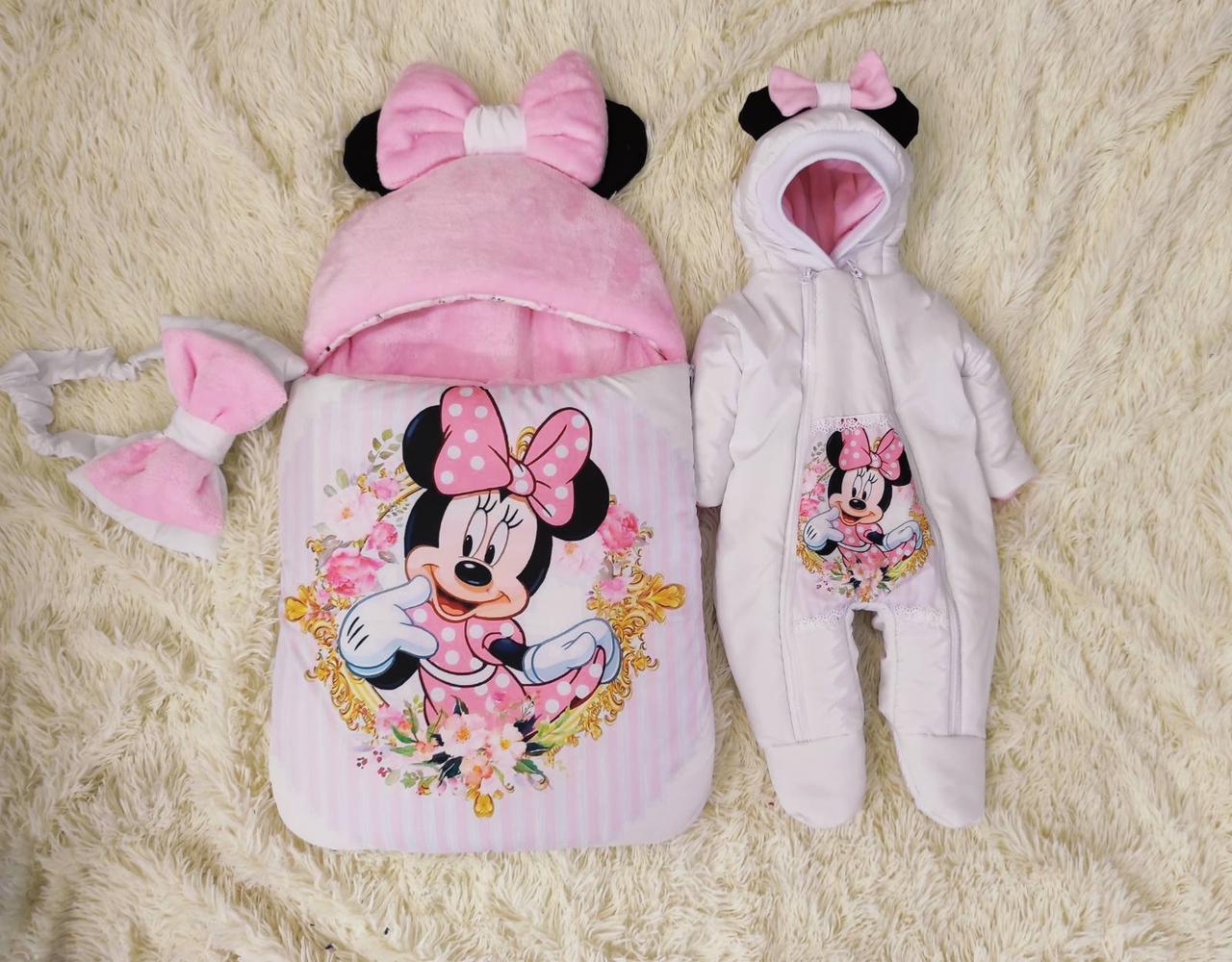 Конверт спальник + комбінезон для новонароджених рожевий з білим, принт Міні, фото 1