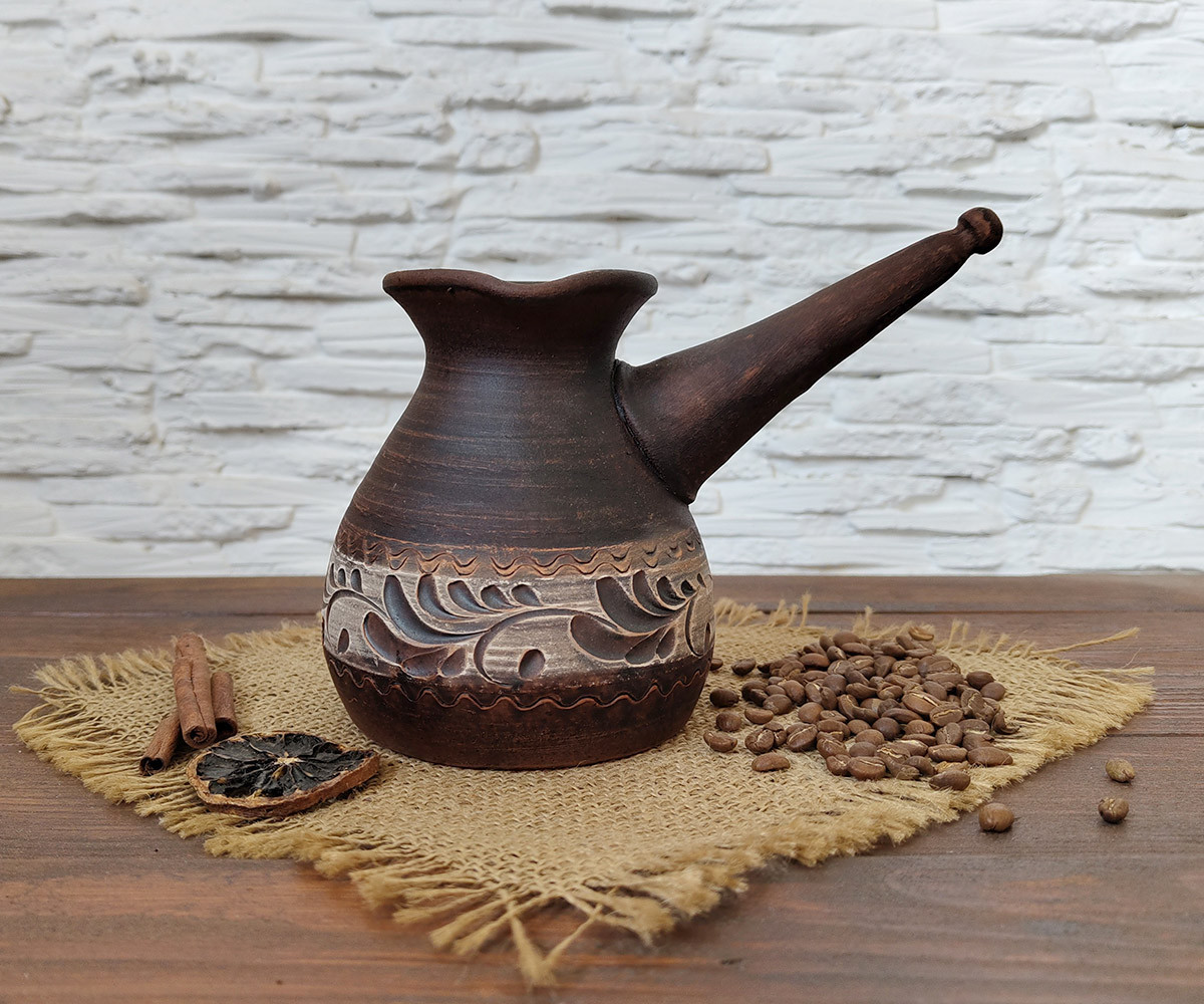 Джезва гончарна ангоб з червоної кераміки 400 мл + розсікач, фото 1