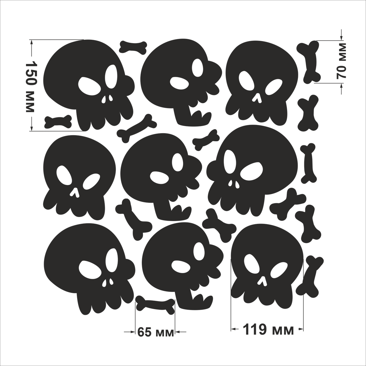 Хэллоуин виниловые наклейки Черепа и Кости декор окон хеллоуин Набор М 9 черепов 13 костей матовая Белый - фото 3 - id-p1970611725