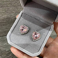 Подарок девушке классические серьги "Сердечки розовый топаз с цирконами в серебре" в бархатном футляре