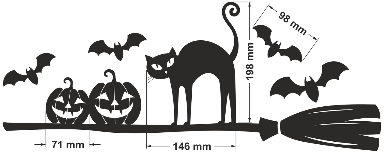 Виниловая наклейка на стену Кот на метле (наклейки Хэллоуин тыквы метла летучие мыши) Размер М матовый Черный - фото 6 - id-p1970644979