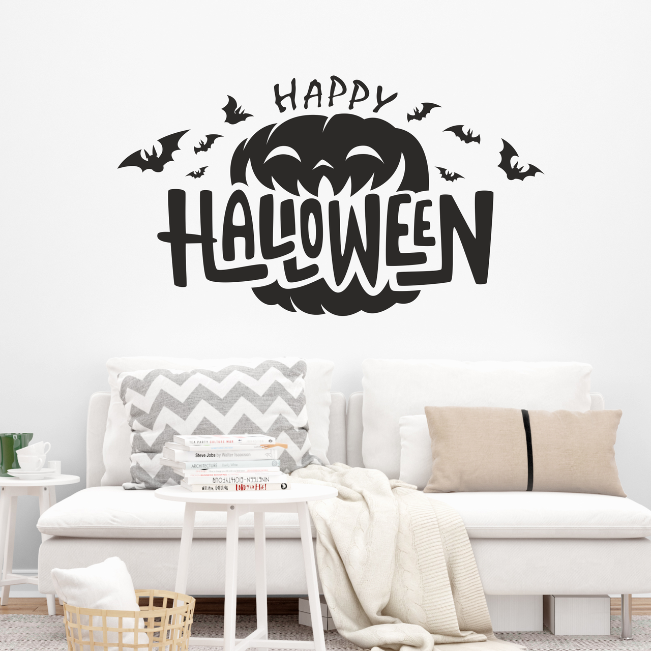 Наклейка на стену Happy Halloween Тыква 638*360мм (декор на хэллоуин самоклеющийся) матовая Черный - фото 1 - id-p1970684495