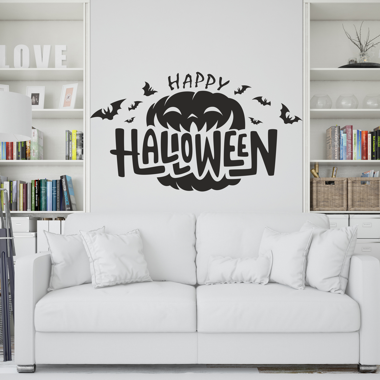 Наклейка на стену Happy Halloween Тыква 638*360мм (декор на хэллоуин самоклеющийся) матовая Черный - фото 2 - id-p1970684495