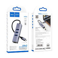 Хаб USB Hoco HB34 Easy link Gigabit Ethernet adapter(Type C to USB3.0*3+RJ45) Цвет Серый