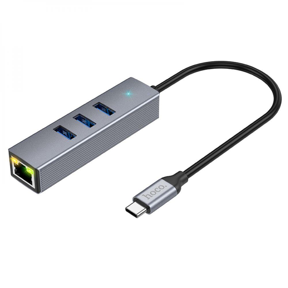 Хаб USB Hoco HB34 Easy link Gigabit Ethernet adapter(Type C to USB3.0*3+RJ45) Цвет Серый - фото 2 - id-p1970672769