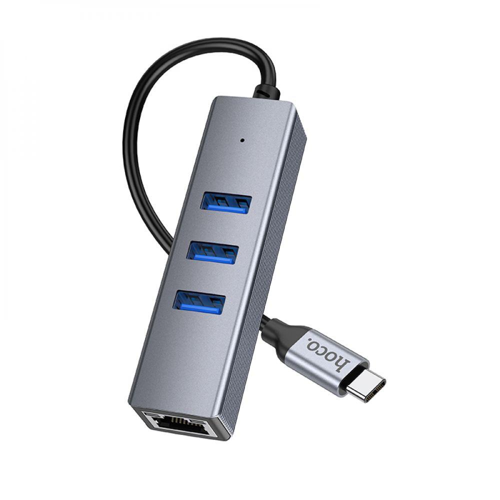 Хаб USB Hoco HB34 Easy link Gigabit Ethernet adapter(Type C to USB3.0*3+RJ45) Цвет Серый - фото 4 - id-p1970672769