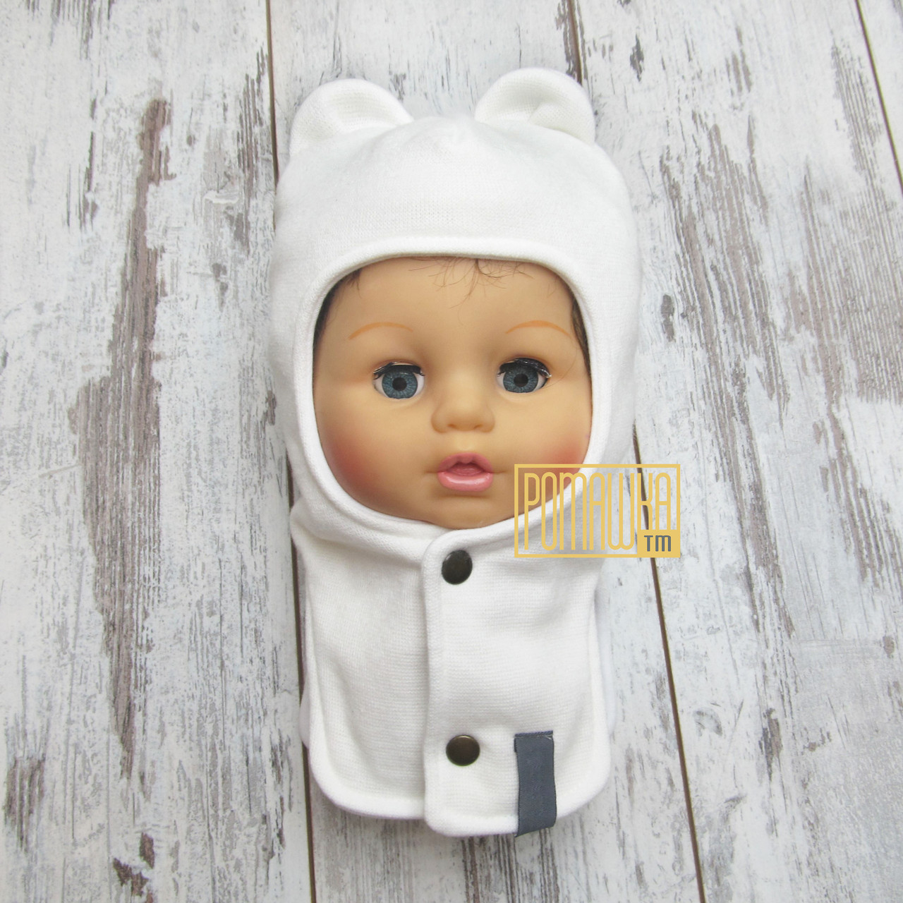 Зимова тепла шапка-шолом для новонароджених малючків на виписку з вушками утеплна флісом 38 см Біла (7570БЛ38), фото 1