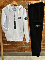 Спортивный костюм женский Stone Island зимний белый-черный | Комплект Зиппер + Штаны на флисе Стон Айленд