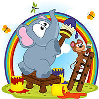 Картина по номерам Strateg ПРЕМИУМ Слон и обезьяна рисуют радугу с лаком и размером 30х30 см.