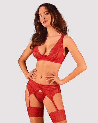 Комплект білизни Obsessive Lacelove cupless 3-pcs set XL/2XL Red, бюстгальтер, стрінги, пояс для панчох, фото 1