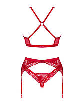 Комплект білизни Obsessive Lacelove cupless 3-pcs set XL/2XL Red, бюстгальтер, стрінги, пояс для панчох, фото 6