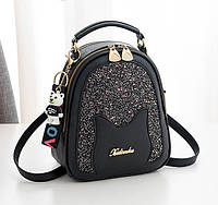 Женский мини рюкзак сумочка 2 в 1 с брелком, маленький рюкзачок сумка с блестками Черный