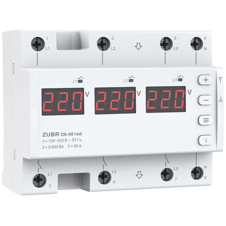 Реле напруги трифазне на 6 модулів ZUBR D6-40 red