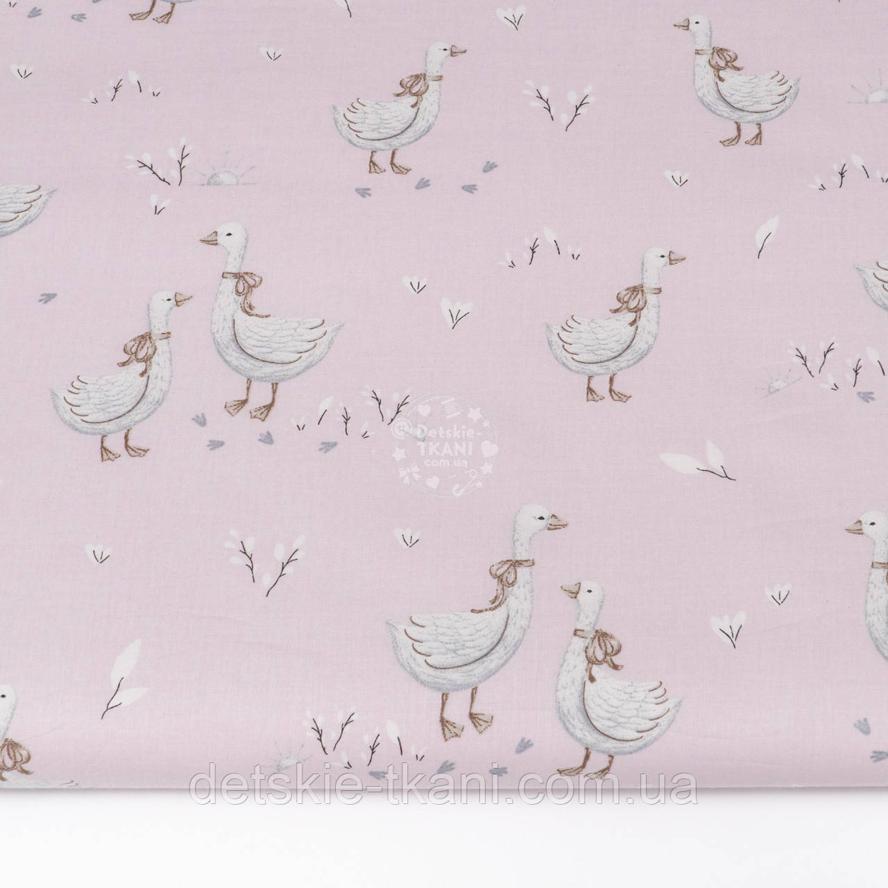 Бязь ШИРИНОЮ 145 СМ "Гуси з коричневим бантиком на світло-рожевому тлі", №4787/145, фото 1