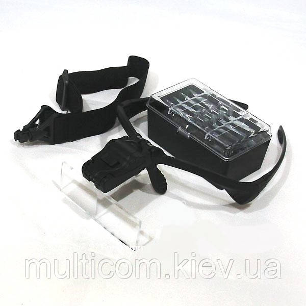 14-03-083. Лупа-окуляри бінокуляр налобна, 5 змінних лінз: 1,0х; 1,5х; 2х; 2,5х; 3,5х, LED підсв., 9892В, фото 1