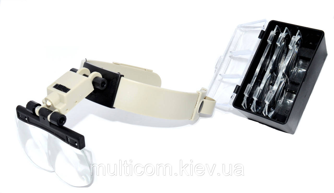 14-03-063. Лупа бінокуляр налобна, 4 змінних лінзи, пластик: 1,2х; 1,8х; 2,5х; 3,5х, LED підсв., MG81002, фото 1