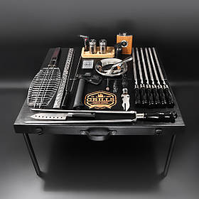 Шашличний набір-комплект з столиком на 6 шампурів "Grills G18" Чорний | 43 предмети + Гравіювання на замовлення