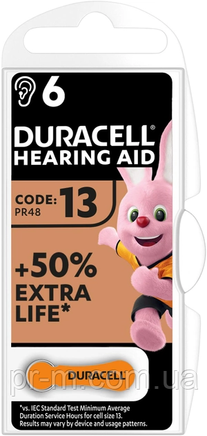 Батарейка для слухових апаратів Duracell ZA13-D6, PR48, DA13X, 1.45V (6 шт/уп)