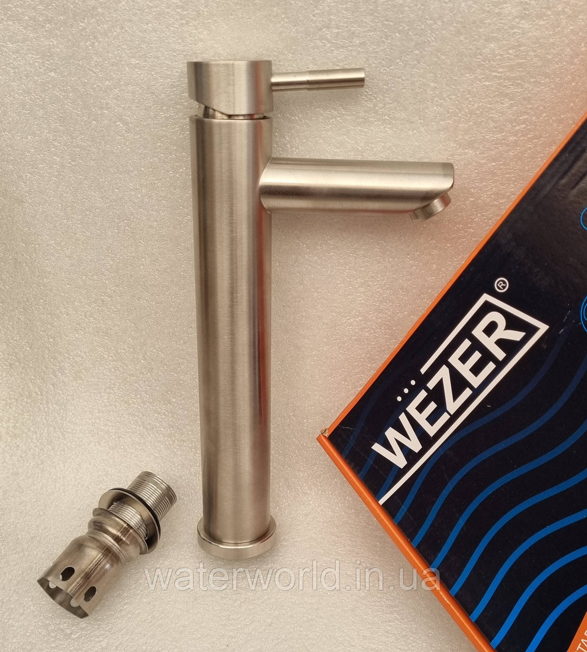 Високий змішувач для чаші умивальника WEZER ЕКО11А-01 з неіржавкої сталі з кріпленням на гайці, фото 1