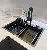 Кухонная мойка функциональная 68х45 из нержавеющей стали с водопадом Family Kitchen Sink
