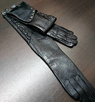 Довгі шкіряні жіночі рукавички Чорні на кнопках біля ліктя на підкладці Довжина 51 см