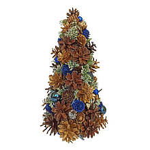 Ялинка новорічна декоративна з натуральних шишок та декором синього кольору 17х35 см (NY28)