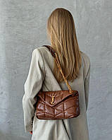 Женская сумка клатч YSL Puffer Chain Dark Brown Gold (коричневая) AS424 маленькая сумочка с эмблемой YSL mood