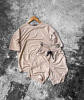 Мужской базовый костюм футболка+шорты (бежевый) k86 качественная повседневная спортивная одежда для парней