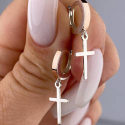 Срібні сережки-підвіски з золотими накладками без каменів в формі хрестиків (2,8 см) РН-471