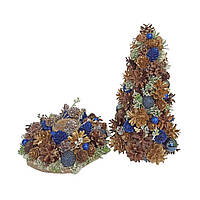 Набор новогоднего декора елка и подсвечник из натуральных шишек и декора синего цвета (NY29)