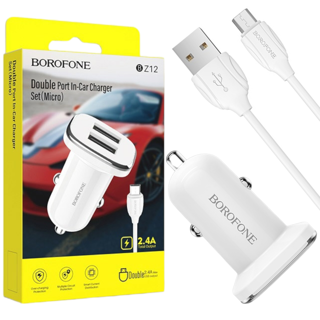 Автомобільний зарядний пристрій Borofone BZ12 (2USB/2.4A) + Micro білий