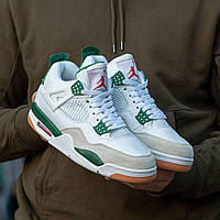 Кроссовки женские Nike Air Jordan Retro 4 White\Grey\Green, Найк Джордан 4 кожаные, прошиты. Код IN-1522