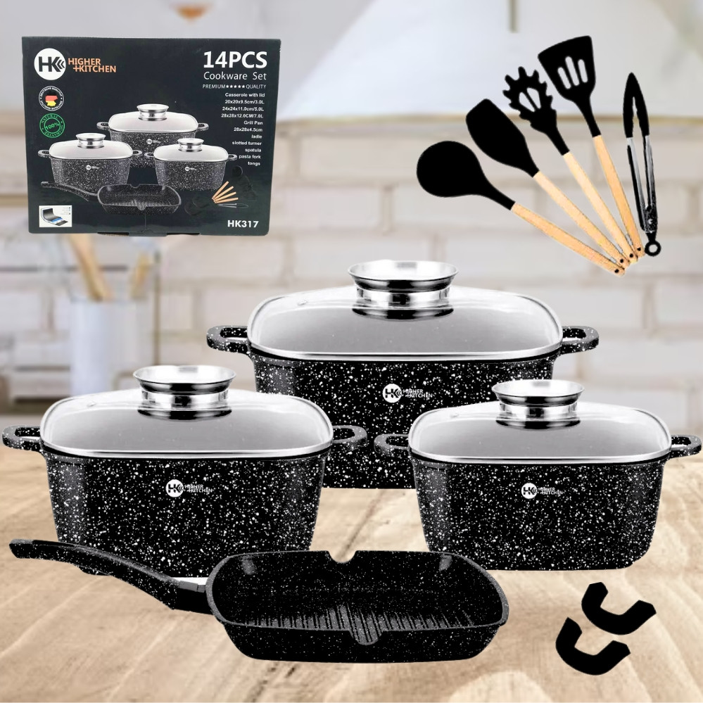 Набір посуду 14 предметів НК317 каструлі зі сковорідкою з антипригарним покриттям та кухонне приладдя, фото 1