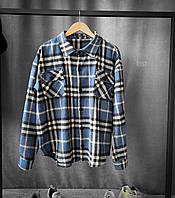Мужская рубашка в клетку байковая (синяя с черным) r167 классная стильная теплая премиум качество для парня