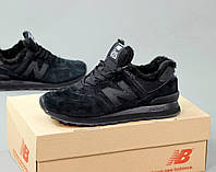 Мужские зимние кроссовки New Balance 574 (чёрные) качественные стильные утеплённые кроссы с мехом К12606 mood