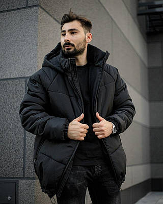 Зимова чоловіча куртка Парка чорна з глибоким капюшоном теплий пуховик
