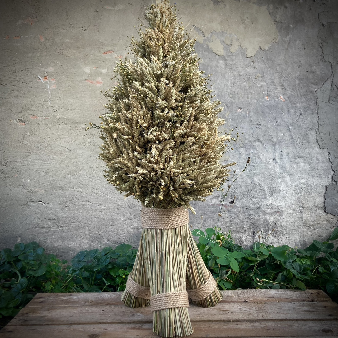 Дідух Різдвяний «Ялинка» з пшеничного колосся та льону 1м XXL Святкова прикраса, оберіг