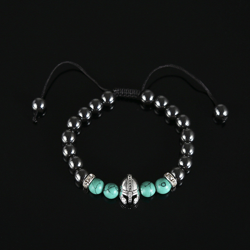 Браслет фенечка чоловічий із натурального каменю зі шоломом. Колір бірюза, фото 1