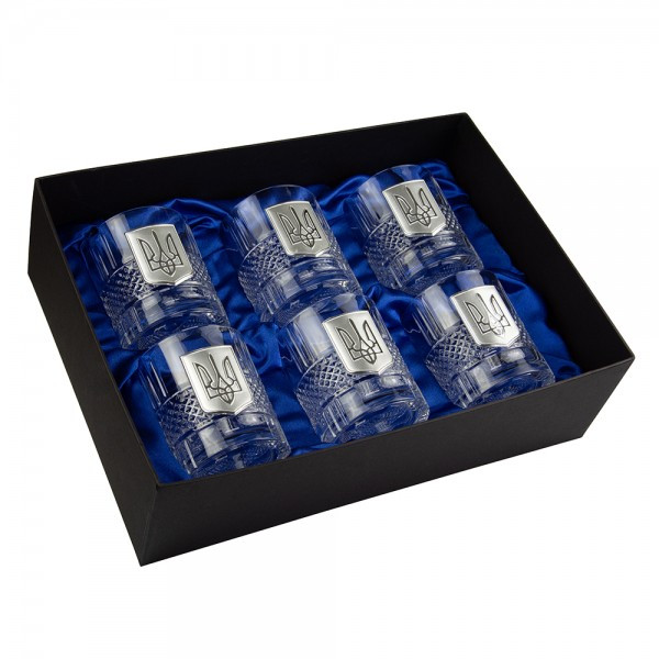 Подарунковий набір для віскі "Тризуб" із 6 кришталевих келихів з накладками з срібла Boss Crystal, фото 1