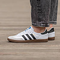 Мужские кроссовки Adidas Samba белые кожаные с замшевыми вставками Адидас Самба демисезонные