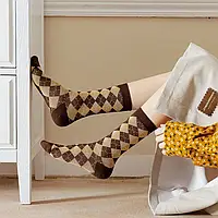 Осень-весна, ретро, винтажный стиль, толстые теплые хлопковые носки с ромбовидной сеткой