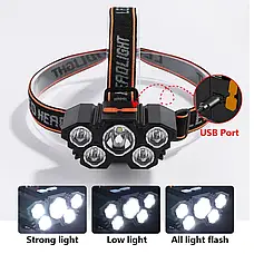Налобний туристичний ліхтарик 5 LED, USB зарядка, фото 6