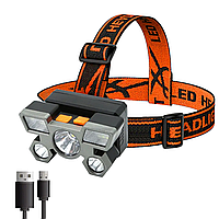 Налобный туристический фонарик 5 LED, USB зарядка